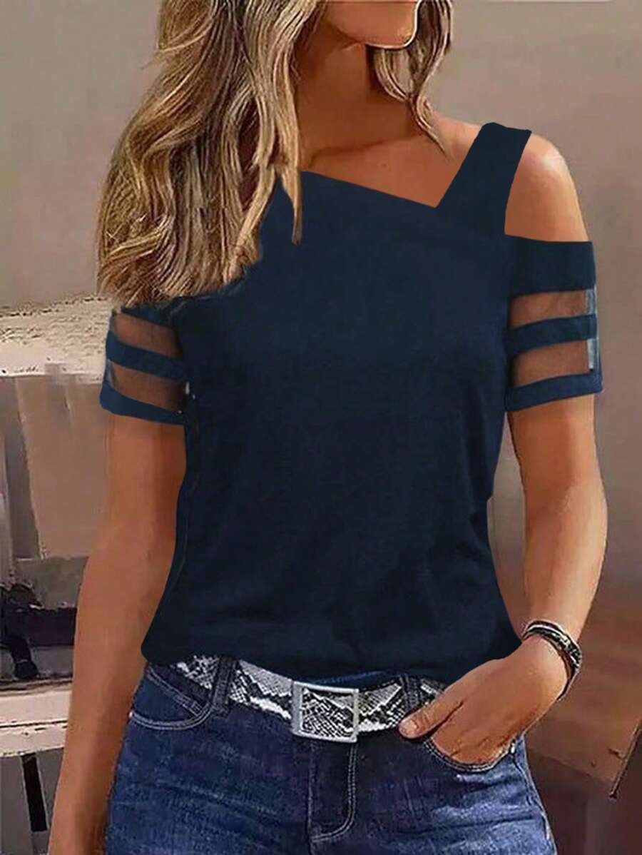SHEIN LUNE Camiseta de manga corta con cuello asimétrico, parches de malla, para uso casual de vacaciones de las mujeres
