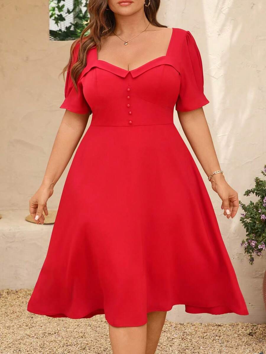 SHEIN Clasi Abito estivo elegante da donna in taglie forti, a maniche a sbuffo, colore unito, adatto per l'uso quotidiano