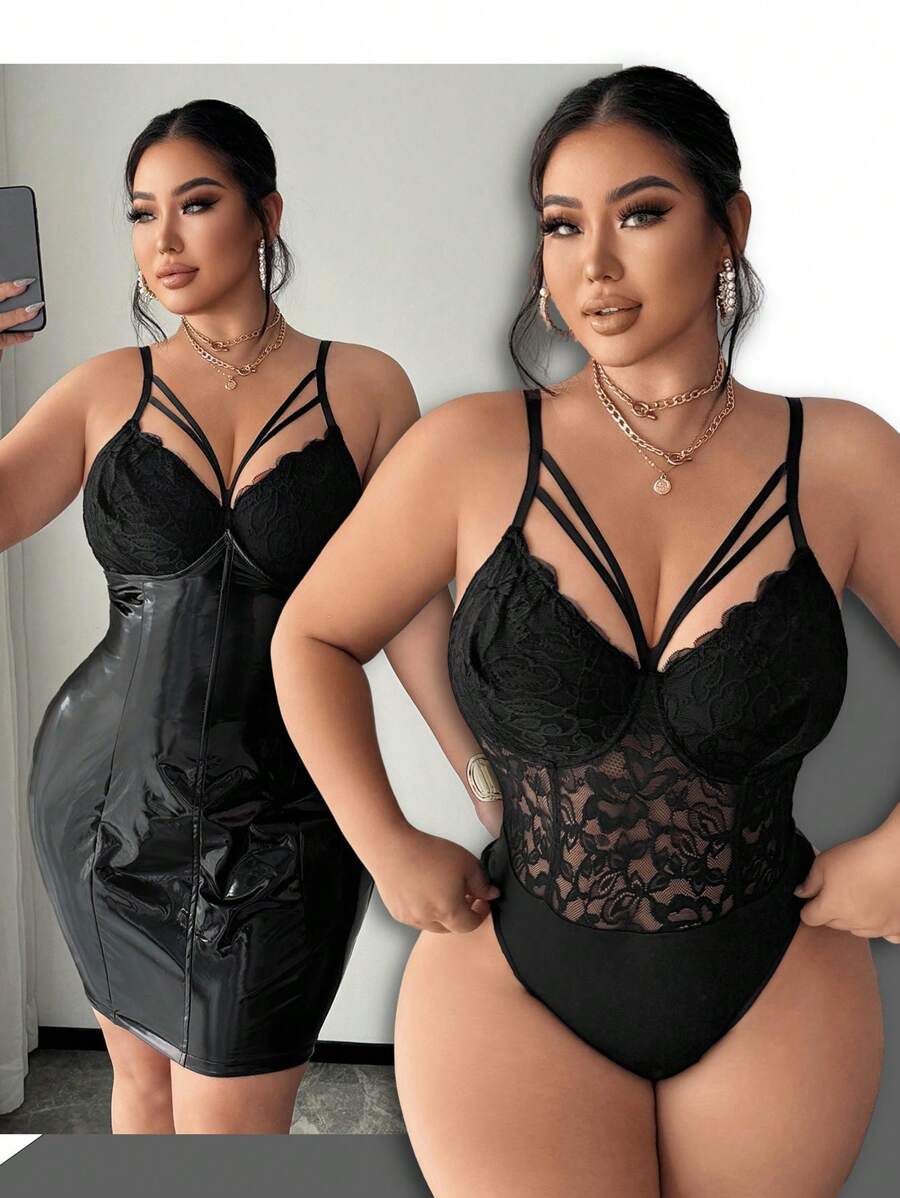 SHEIN SXY Body decorativo de encaje y parches sexy y elegante para mujer talla grande, adecuado para usar a diario, en el trabajo, para ir y venir, elegante, casual, de compras, para salir, fácil de combinar, estilizador, resalta la figura, favorecedora, para primavera/verano