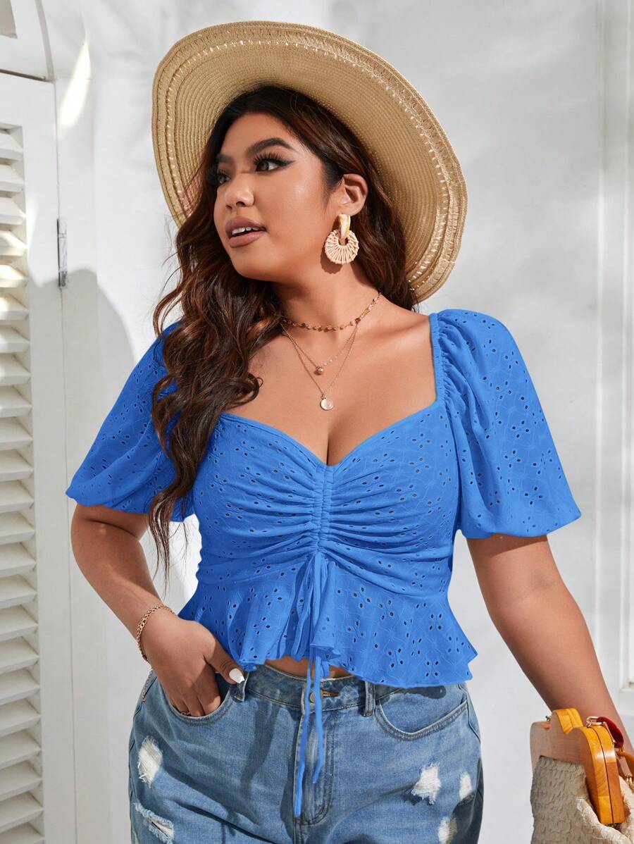 SHEIN VCAY T-shirt casual d'été à manches courtes, col en forme de cœur unicolore, avec cordon de serrage, grande taille