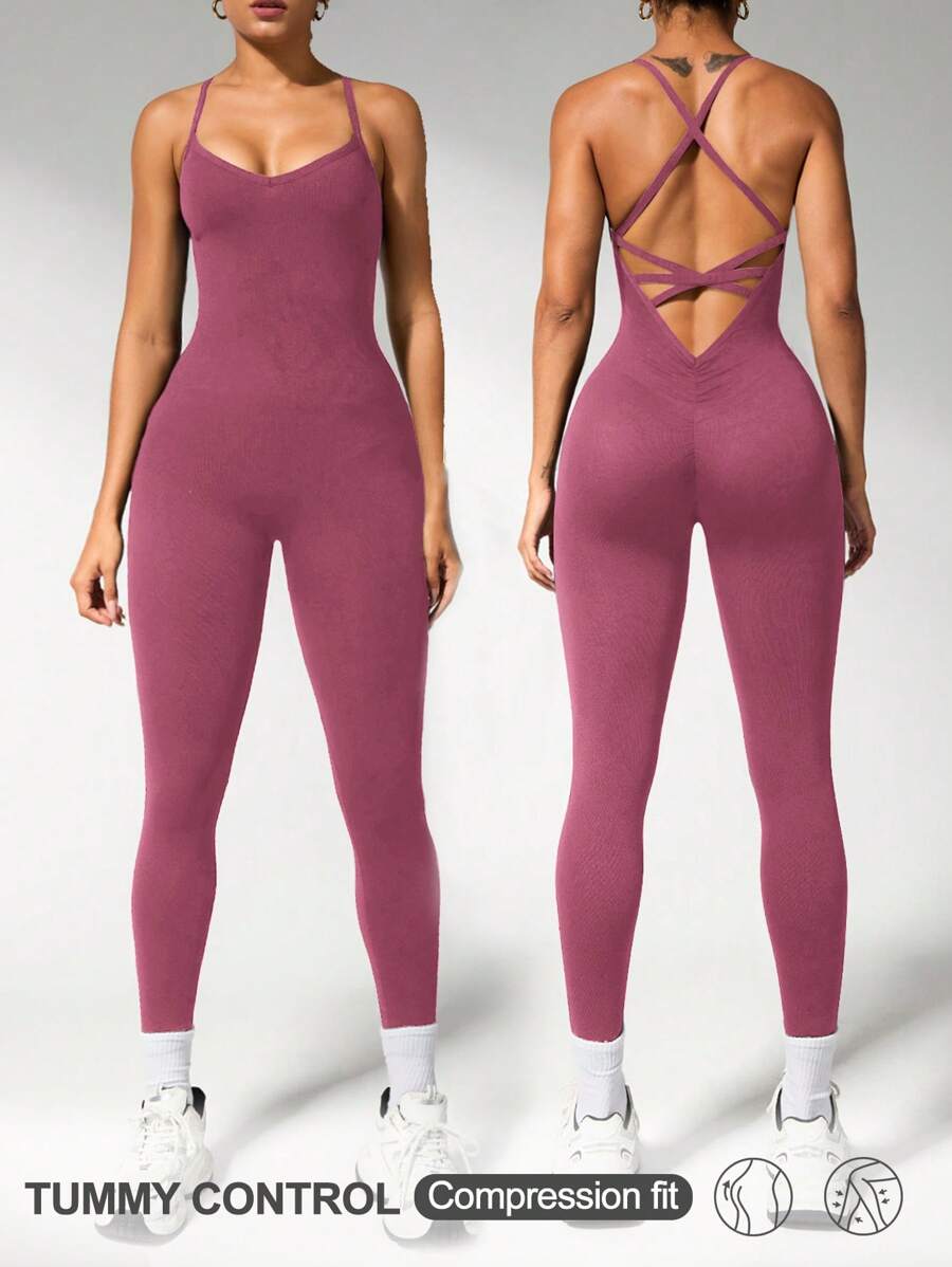Slayoga Tuta intera da donna con colore unito e schiena incrociata elastica