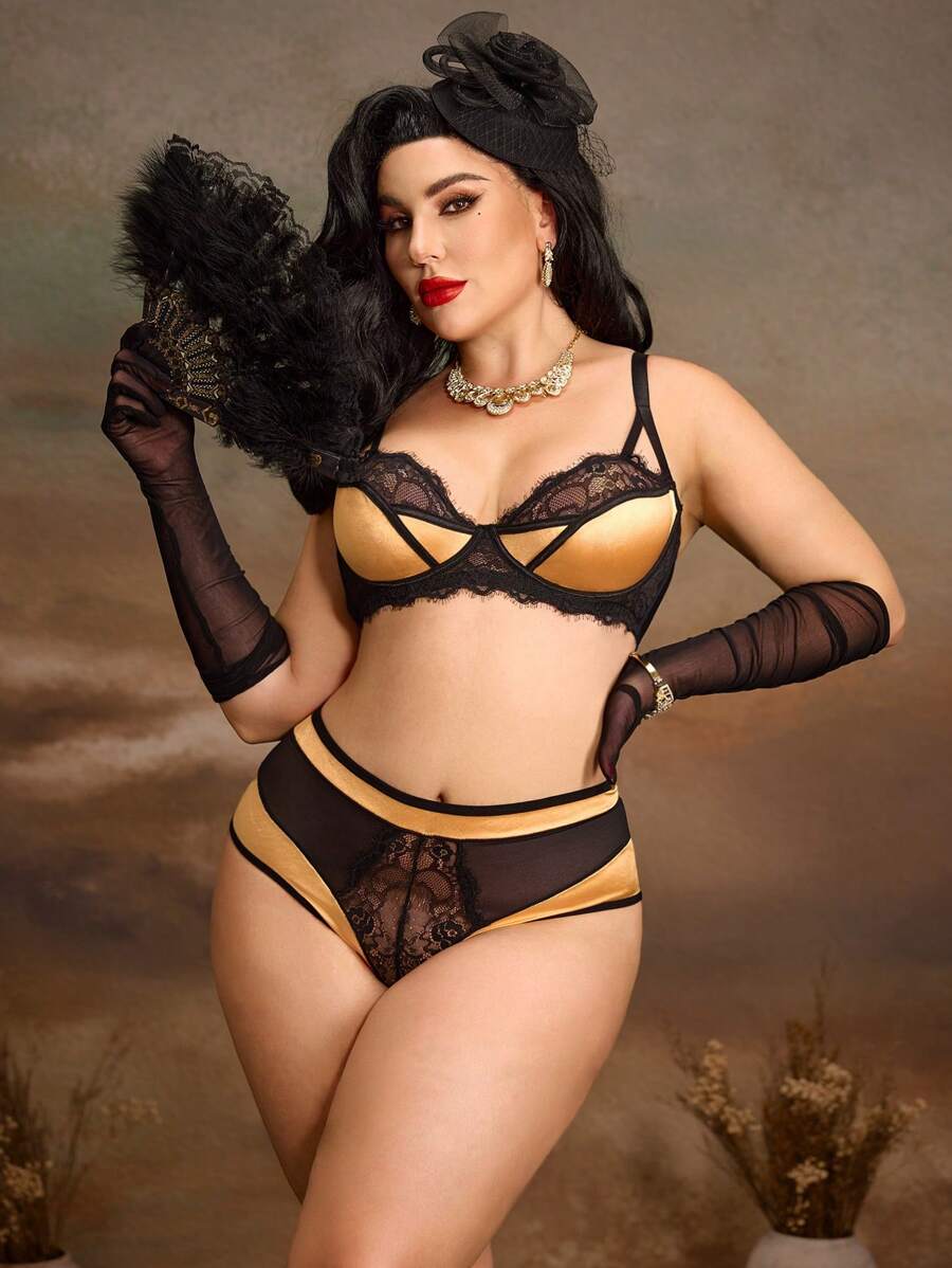 PinupGlam 2pcs Curvy Vintage Romantic Sexy Lingerie Set: Underwired 1/4 Cup Criss-Cross Floral Lace Satin Sheer High-Waist Panty, Plus Size, Black & Bronze, Club Party