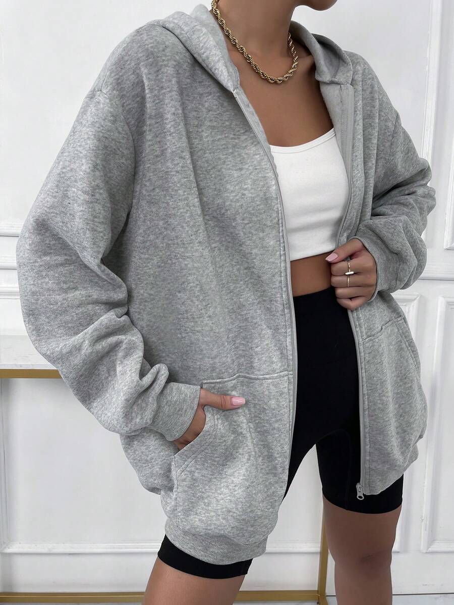 SHEIN Solid Drop Shoulder Zip Up Thermal Hoodie,Long Sleeve Tops Graduation,Back To School Outfits,Graduation,Teacher Outfits For Women,Back To School Pullover Fall Outfit