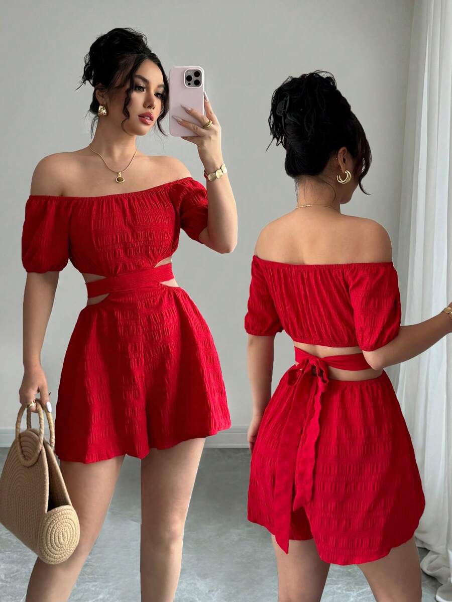 Chiquease Mono informal para mujer - Mono de vacaciones con hombros descubiertos y lazo en la espalda