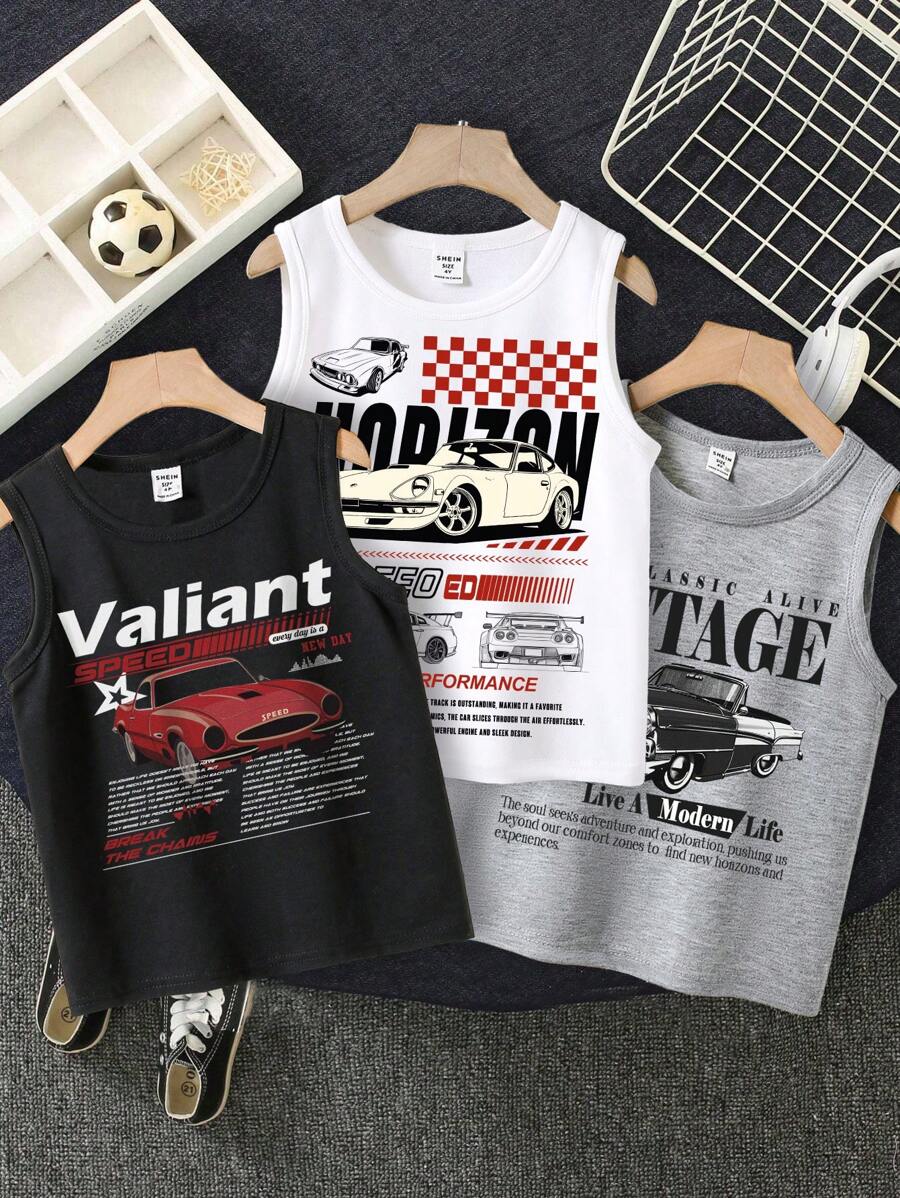 3pcs/Pack Young Boy Racing Car Graphic Casual Sleeveless Tank Tops, Suitable For Summer
