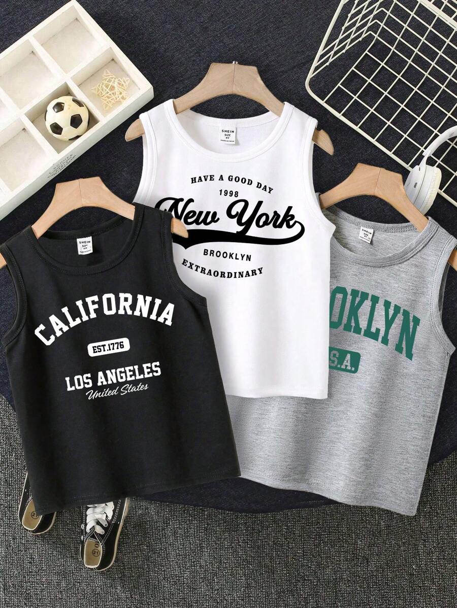 Conjunto de 3 regatas sem mangas com impressão do texto clássico casual de cidade jovem, Nova York, Los Angeles, Brooklyn, adequado para o verão