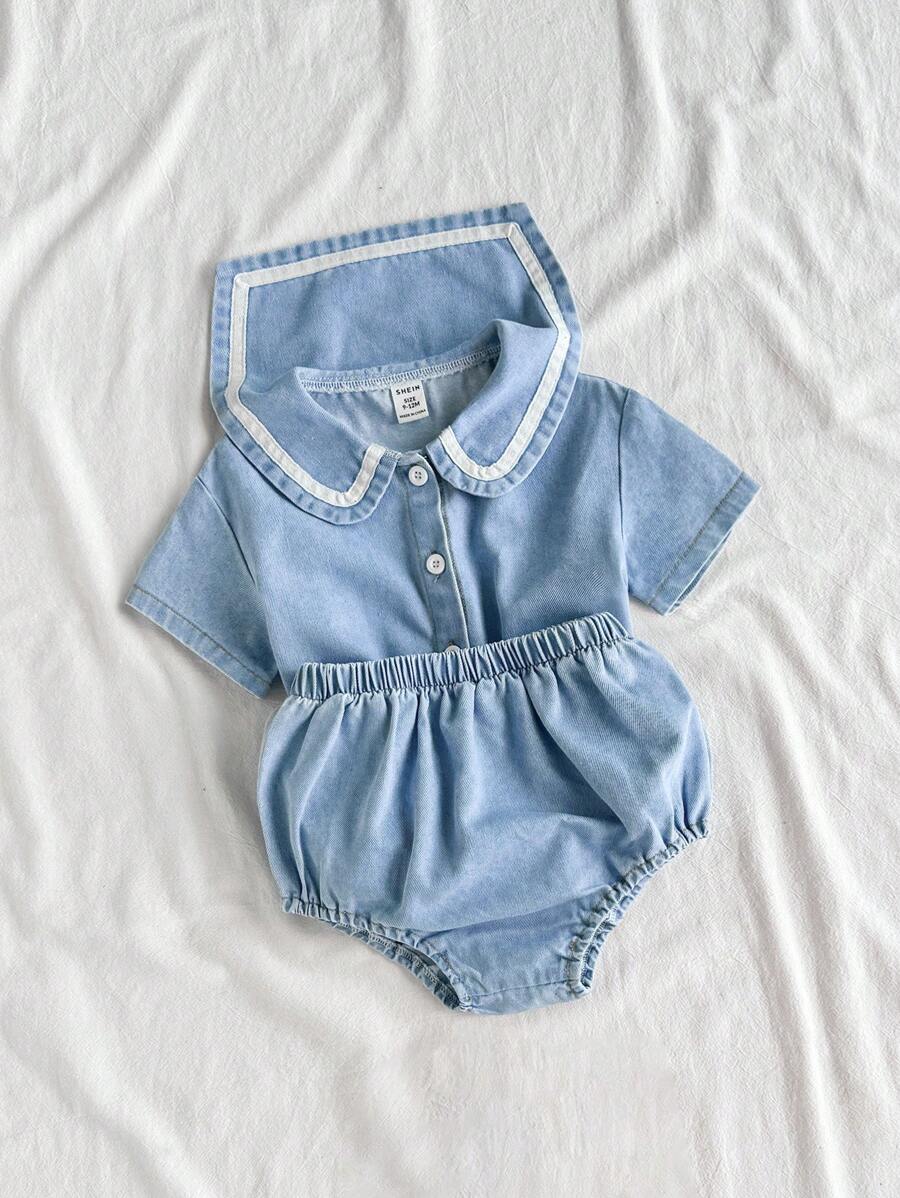 SHEIN Vintaside Kids Conjunto de top de denim de manga corta y parte inferior triangular casual de verano para niña, adecuado para uso casual en el hogar, actividades al aire libre y vacaciones