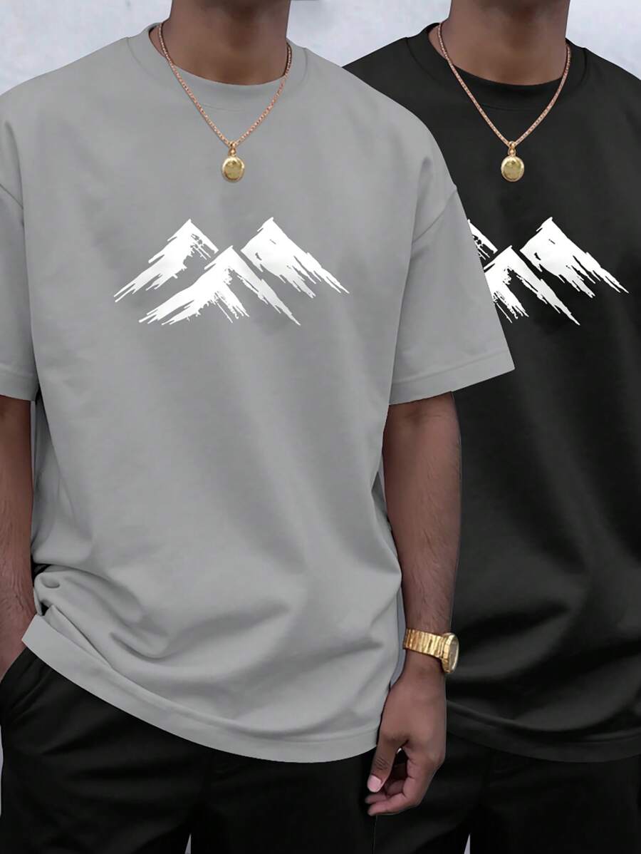 Manfinity Homme 2pcs Men's Mountain Print Round Neck Short Sleeve Casual T-Shirt, Summer