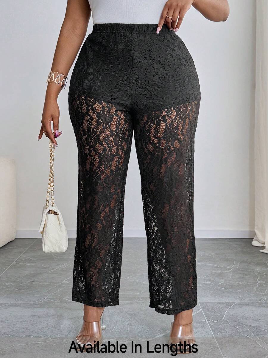 SHEIN PETITE CURVE Pantaloni dritti con vita elastica e stampa floreale in pizzo, taglie comode per donne