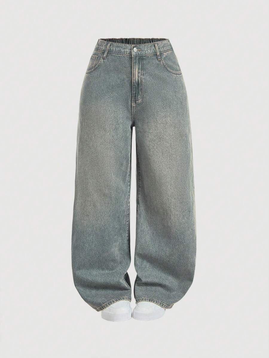 SHEIN MOD MOD Plus Size Patch Pocket Casual Versatile Loose Wide Leg Baggy Jeans