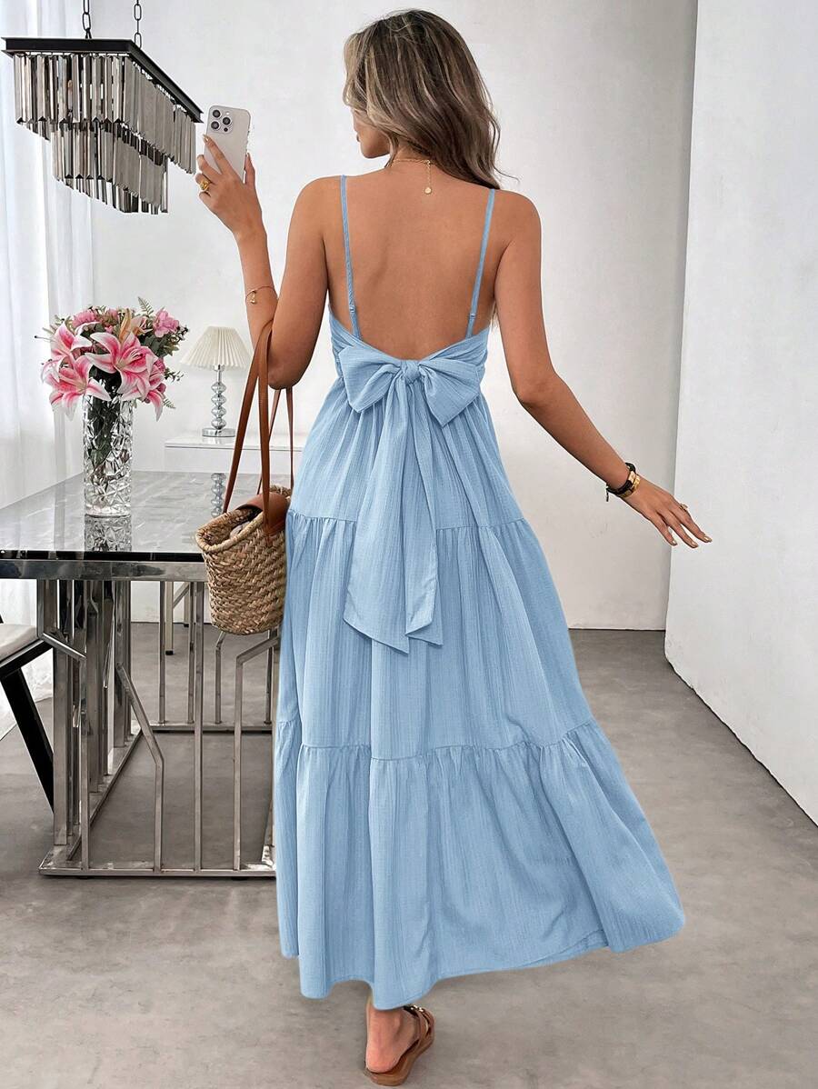 SHEIN LUNE Casual Long Strap Tie Bow Dress, Spring/Summer Bow Dress,Sun Dresses For Women
