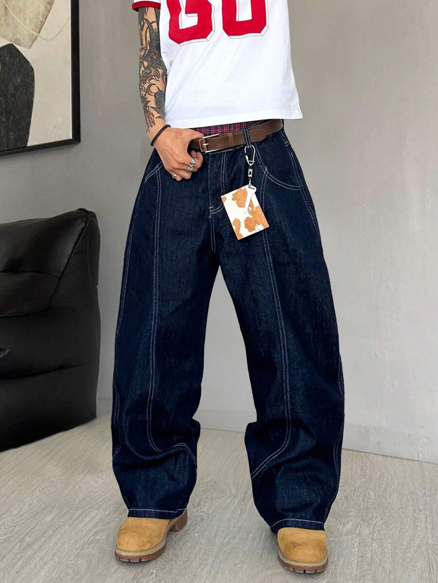Manfinity Hypemode Pantalones vaqueros de pierna ancha azules con bolsillos y cremallera para hombres