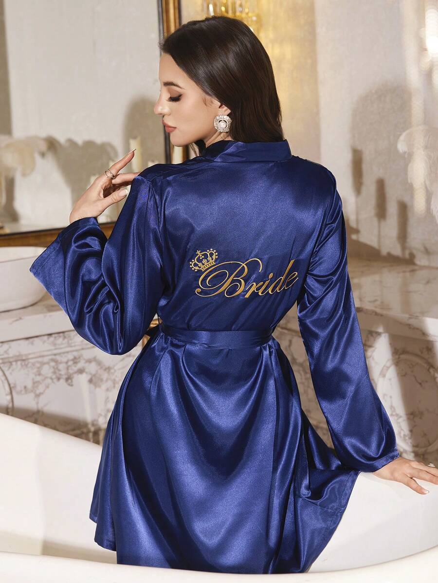 LuxeNights Women's Letter Embroidery Long Sleeve Elegant Robe Luxeloungewear ,Vacation