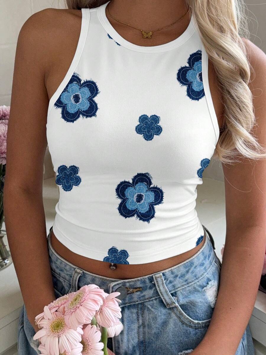 Mulvari Top ajustado de mujer de escote redondo con estampado de mezclilla, adecuado para el verano