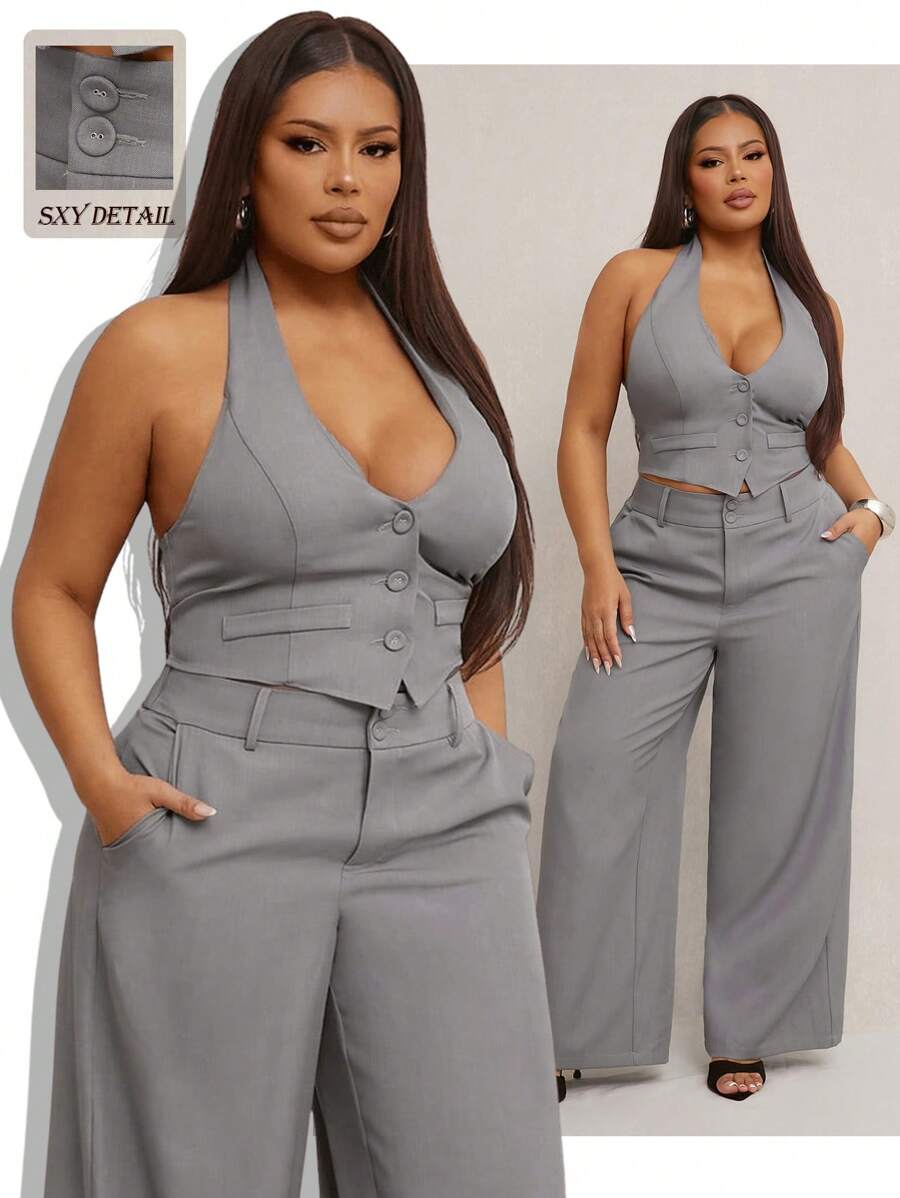 SHEIN SXY Conjunto de 2 piezas elegante y sexy para mujer talla grande para primavera y verano: Top de tirantes ajustado gris + Pantalones rectos de doble botonadura con cintura ancha a juego, apropiado para uso diario