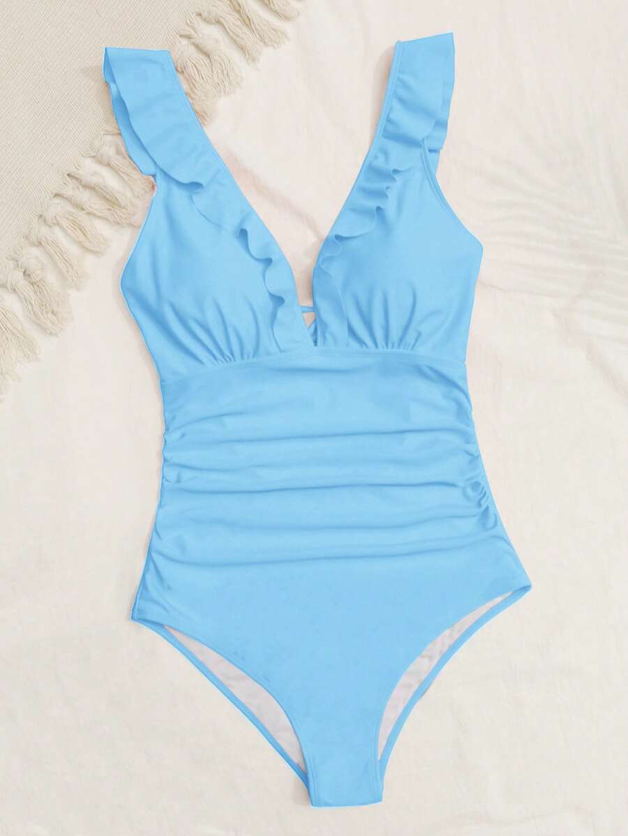 SHEIN Swim 1pc Solid Color Ruffle Trim One-Piece Swimsuit, Suitable For Vacation And Beach