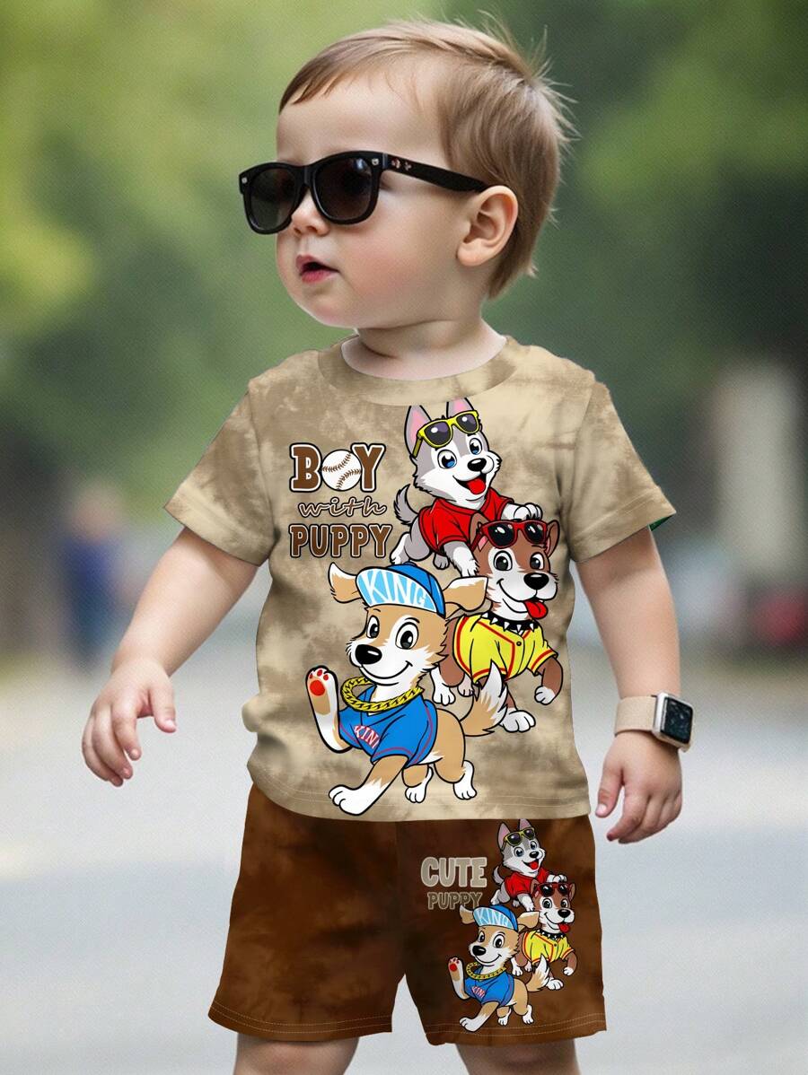 SHEIN 2pcs/Set Baby Boy Casual Cartoon Print Round Neck Short Sleeve T-Shirt And Shorts, Suitable For Summer