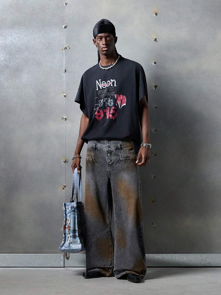 NEON BLANC Jeans de mezclilla con doble cintura tejida, moda callejera informal para hombres
