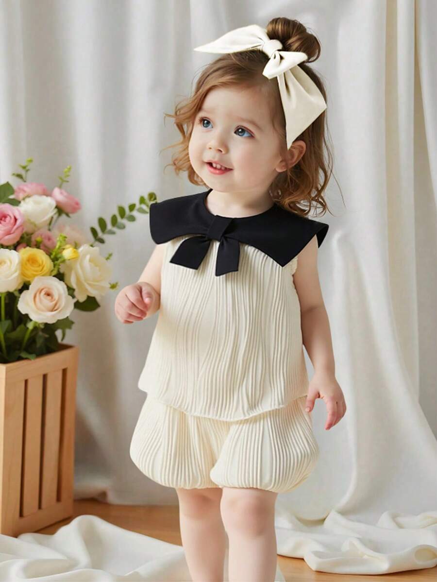 SHEIN Vintaside Kids Baby Girls' Sweet Colorblock Bow Collar Sleeveless Top And Cute Shorts 2Pcs Set, Suitable For Daily Wear, Outings