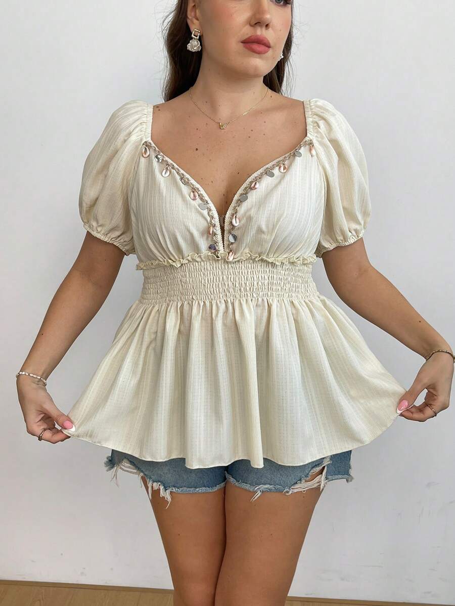 Sunnyshic Plus Size V-Neck Shell Tape Patchwork Cinched Waist Puff Sleeve Blouse