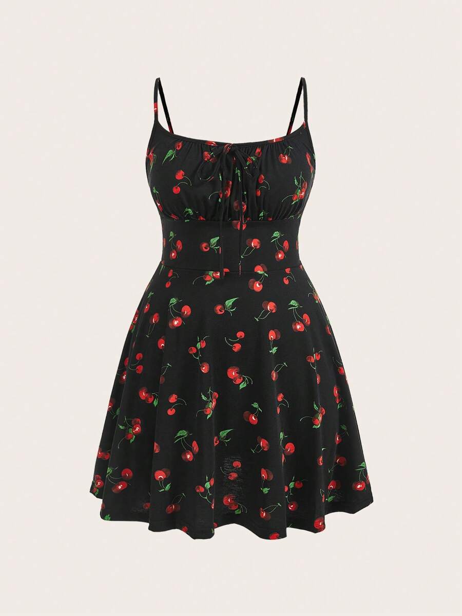 SHEIN EZwear Plus Size Cherry Print Flare Hem Slip Dress, Waist-Cinched A-Line, Suitable For Spring & Summer,Beach Dress Sundress,Holiday Outfits Boho,Corset Dress