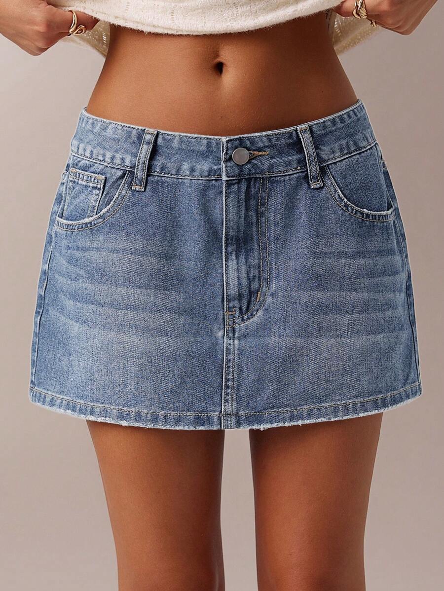 SHEIN Forever 21 New Arrival Spring Women's Denim A-Line Skirt With Heart Collar, Reversible Sweetheart Neck, Contrast Color Embroidery Decoration