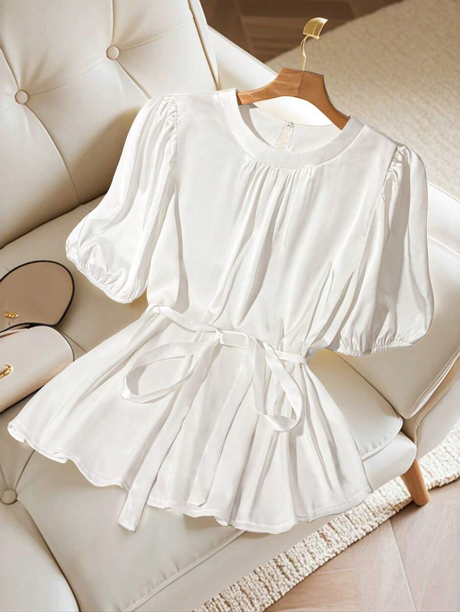 SHEIN Clasi Plus Size Women's Elegant Solid Color Lantern Sleeve Blouse, Summer