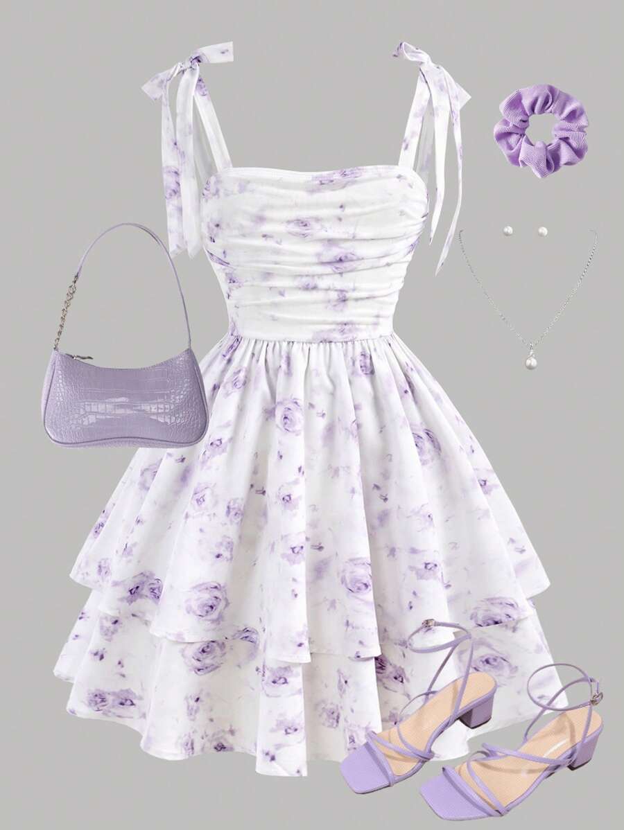 Girlism Rochie de seară elegantă și drăguță, cu talie în linie A, cu volane în straturi, cu imprimeu floral și imprimeu din plasă, potrivită pentru primăvară/vară, vacanță și sărbători