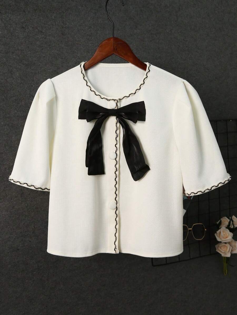 Chiquease Blusa de manga corta con moño y ribete de encaje en estilo francés elegante de Rafferiza, adecuada para primavera/verano/otoño/invierno, ropa de mujer para conciertos, elegante, vestidos de noche, apropiada para uso diario, commute, temporada de bodas/festivales de música