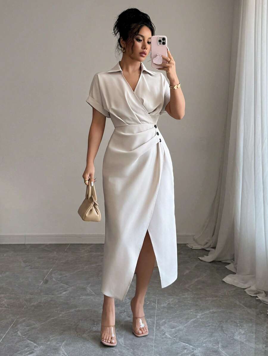 Elenzga Abito elegante da donna con vita plissettata e spacco, colore unito, adatto per l'estate