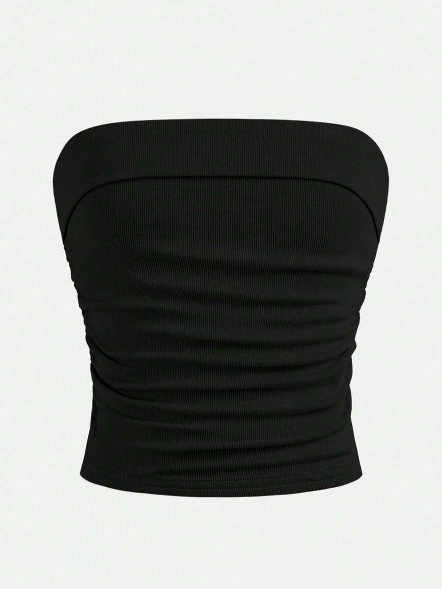 Tween Girls' All-Match Sleeveless Fitted Ribbed Knit Ruched Side Cropped Black Tube Top, Casual & Versatile