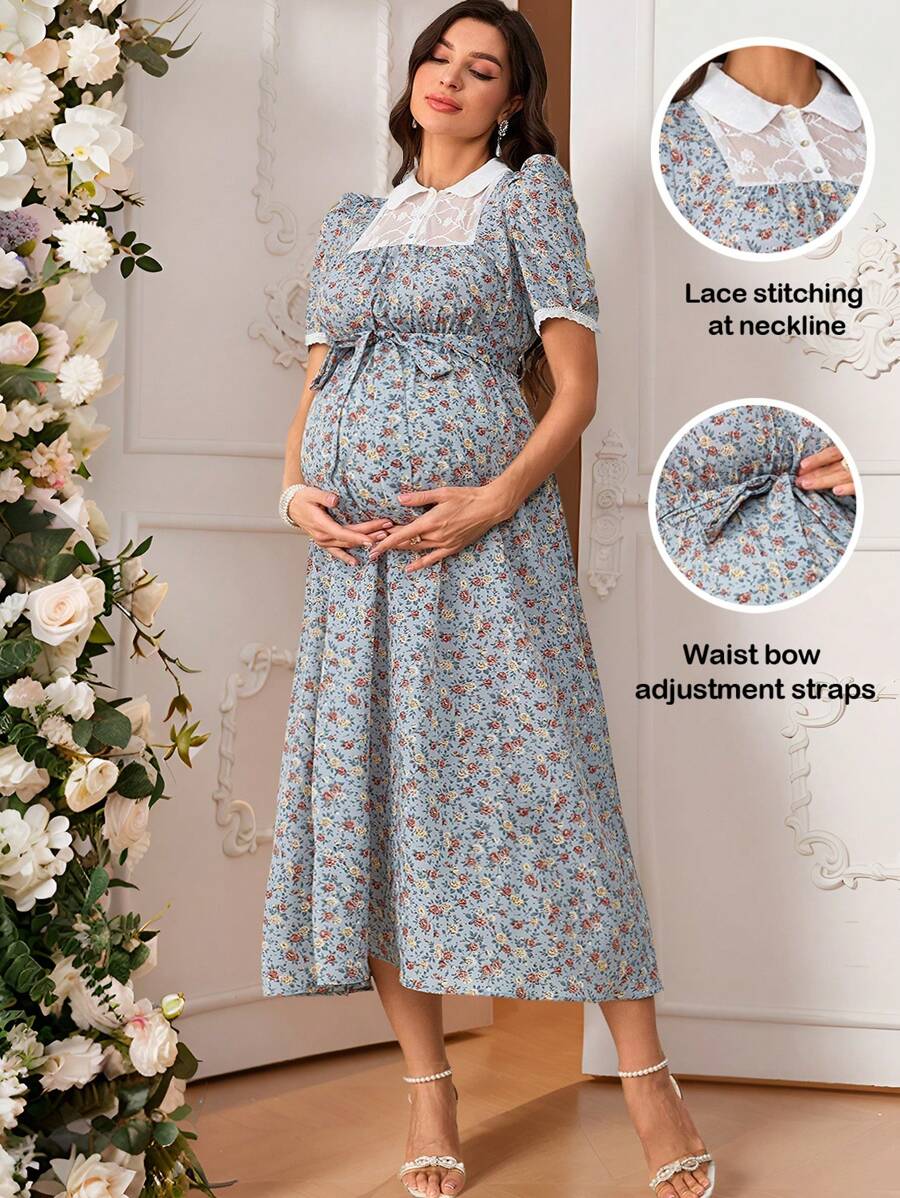 SHEIN Abito mini elegante con fiori minuti e pizzo a contrasto per donne in gravidanza, abiti eleganti estivi da donna, abito fluido estivo da maternità