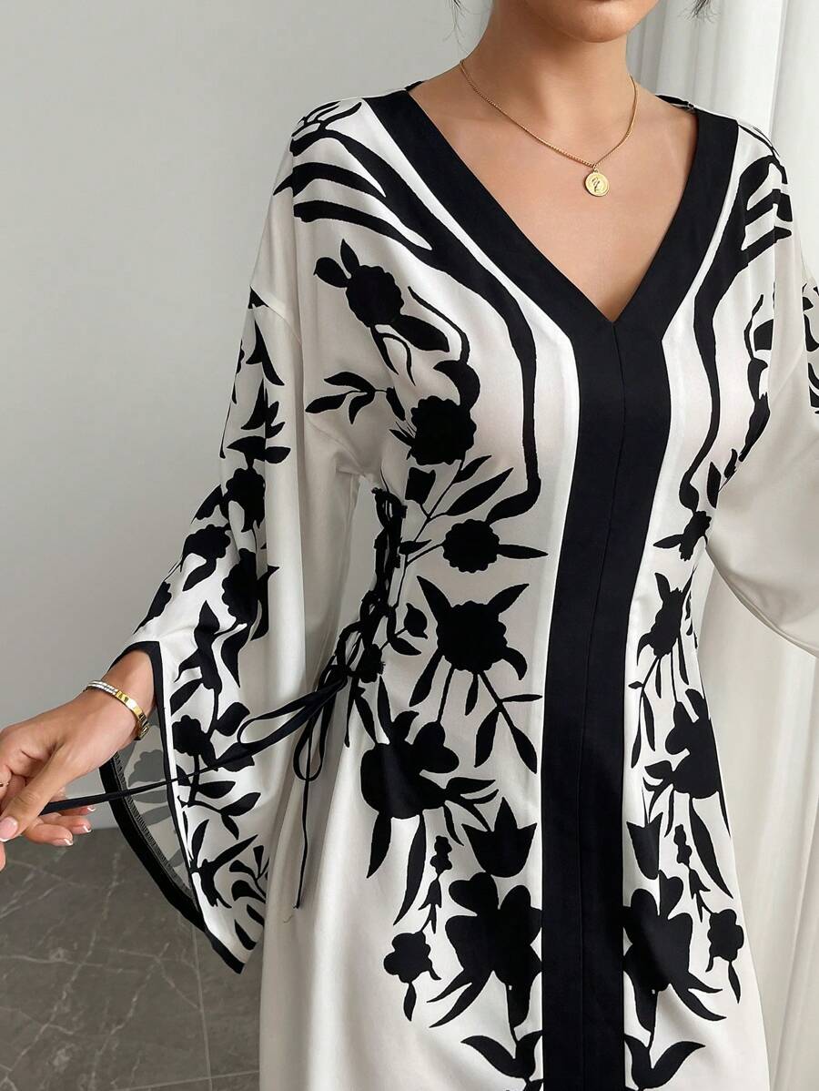 Yasmyna Abito elegante da donna con stampa floreale, maniche a campana con laccetti incrociati sui lati, abito caftan estivo modesto