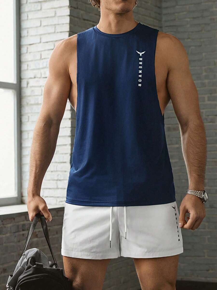 BRENVOR Conjunto de 2 piezas de hombre muscular: Camiseta sin mangas de punto casual y elegante de corte slim + Pantalón corto recto con cintura elástica y estampado de letras, color azul y blanco - Esencial para viajes, Regalo de verano para el novio
