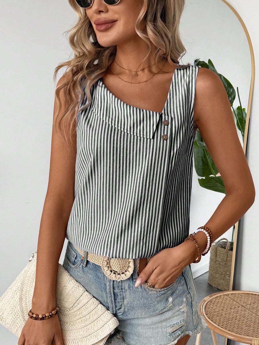EMERY ROSE Camisa informal de lino sin mangas a rayas blancas y negras con cuello asimétrico y botones decorativos para vacaciones