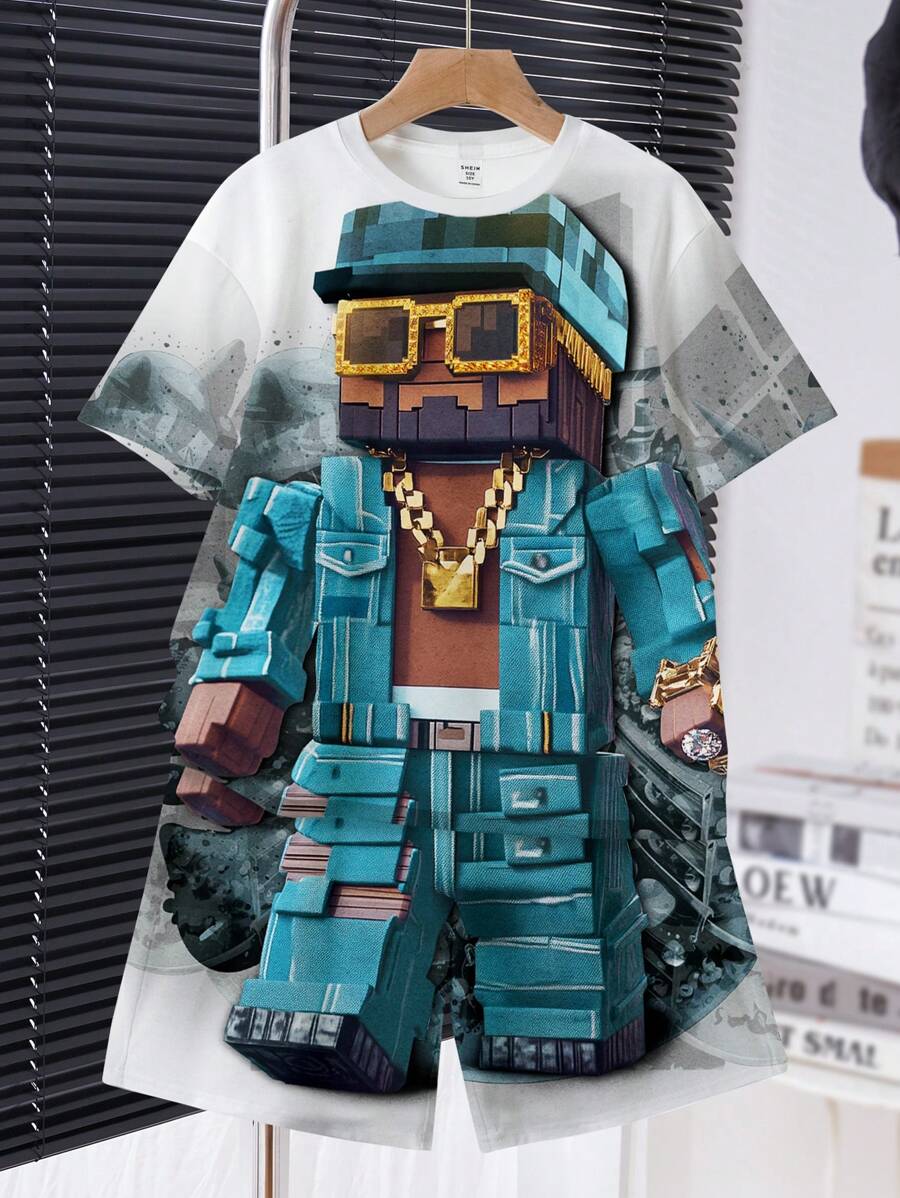 SHEIN 2pcs Teen Boy Casual Stylish Cartoon Pixel Soldier War Pattern Print Short Sleeve Round Neck T-Shirt And Shorts Set, Suitable For Summer