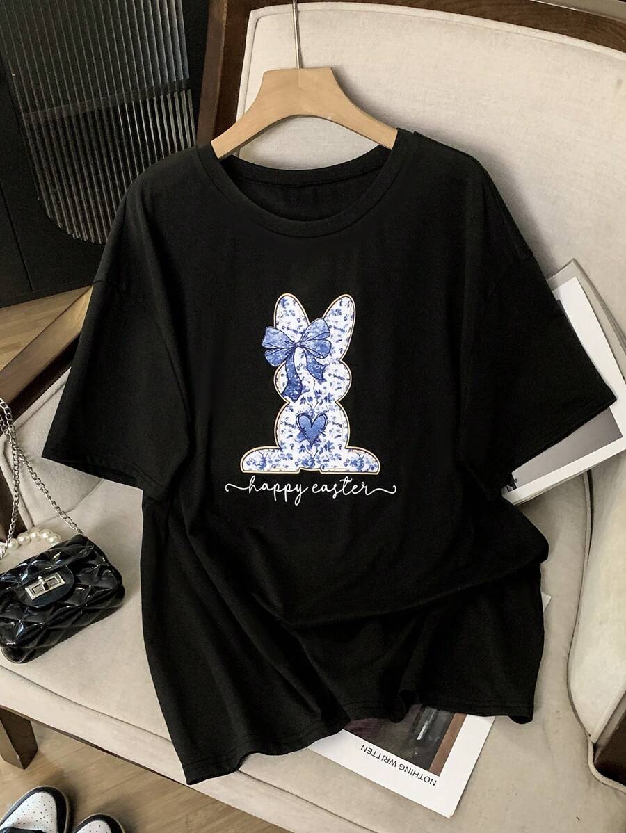 SHEIN Lacomfia maglietta casual da donna con stampa grafica, a maniche corte e scollo rotondo, taglia grande, adatta per l'estate