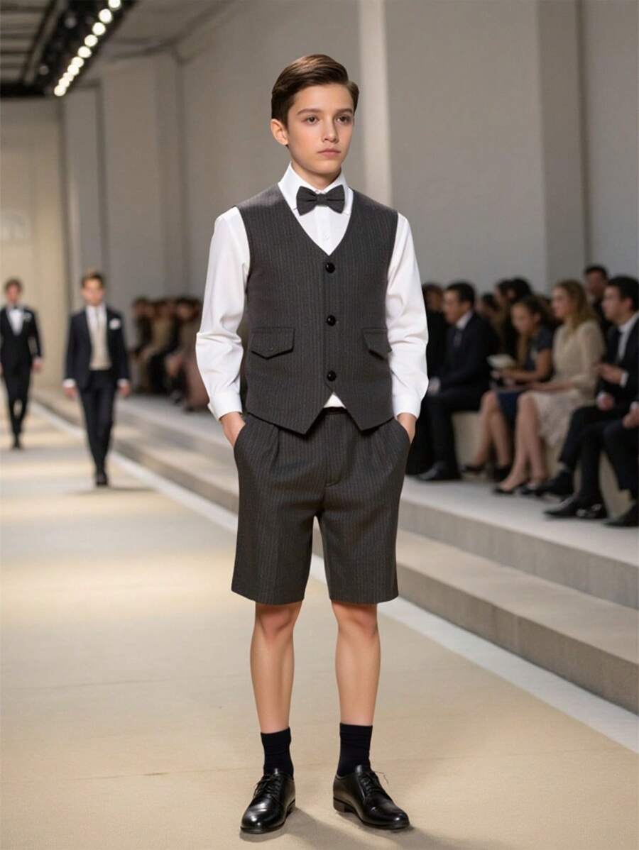 3pcs Set: Gentleman's Casual Vest, Shirt And Shorts Outfit For Tween Boy Suitable For Spring/Summer Formal Occasions, Birthday Party