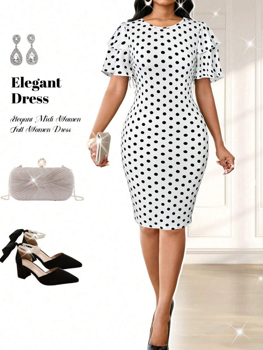 Fleurora Vestido de boda elegante de primavera y verano con estampado geométrico de lunares y doble capa de volantes en las mangas