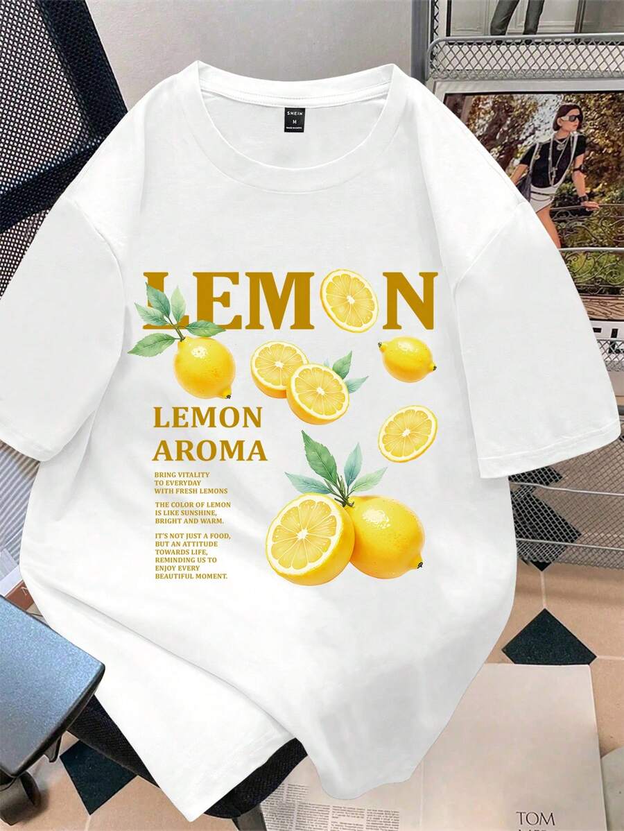 Manfinity Joysei Camiseta de cuello redondo blanca con estampado de limón talla estándar para hombre (Hecho de tela)
