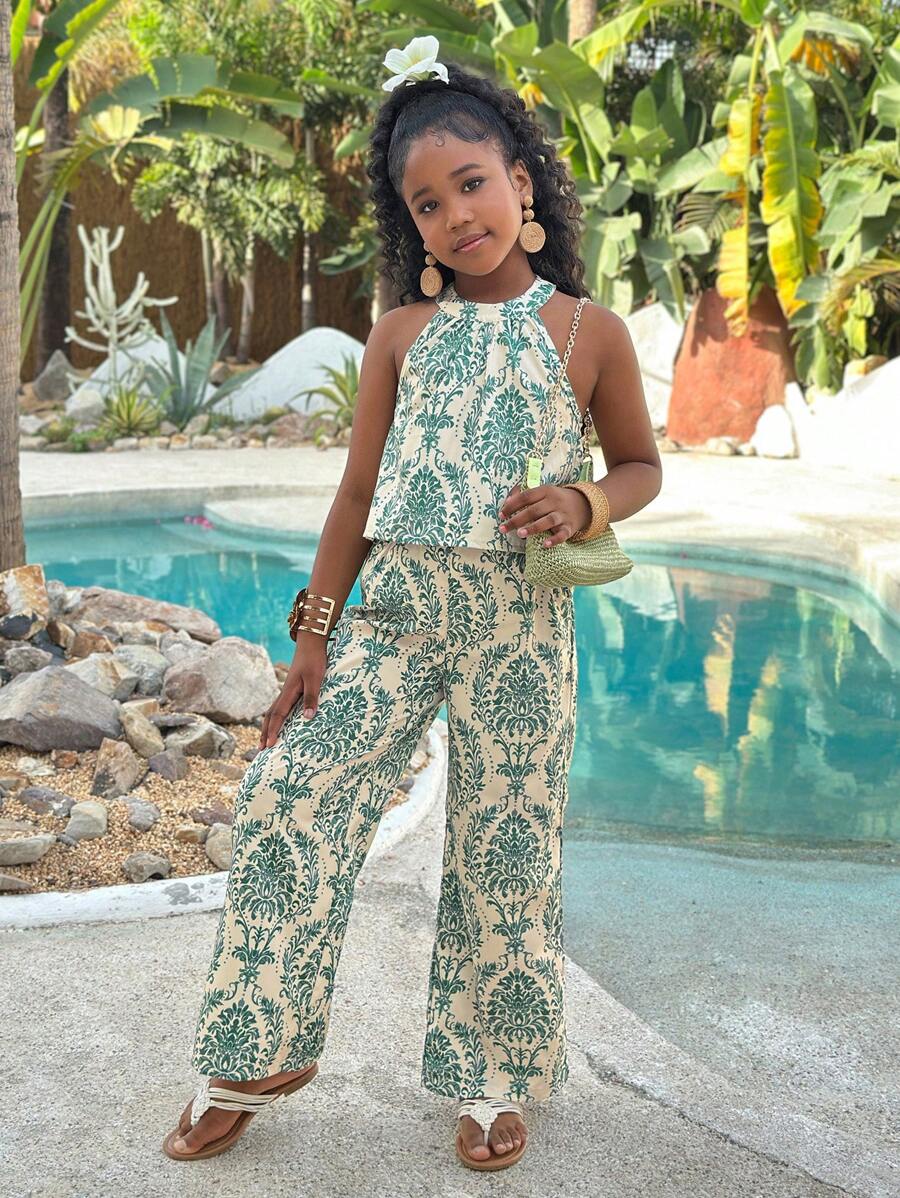 Set de 2 piezas para niña preadolescente de blusa halter básica + pantalón ancho de 3/4 con estampado floral tejido para vacaciones