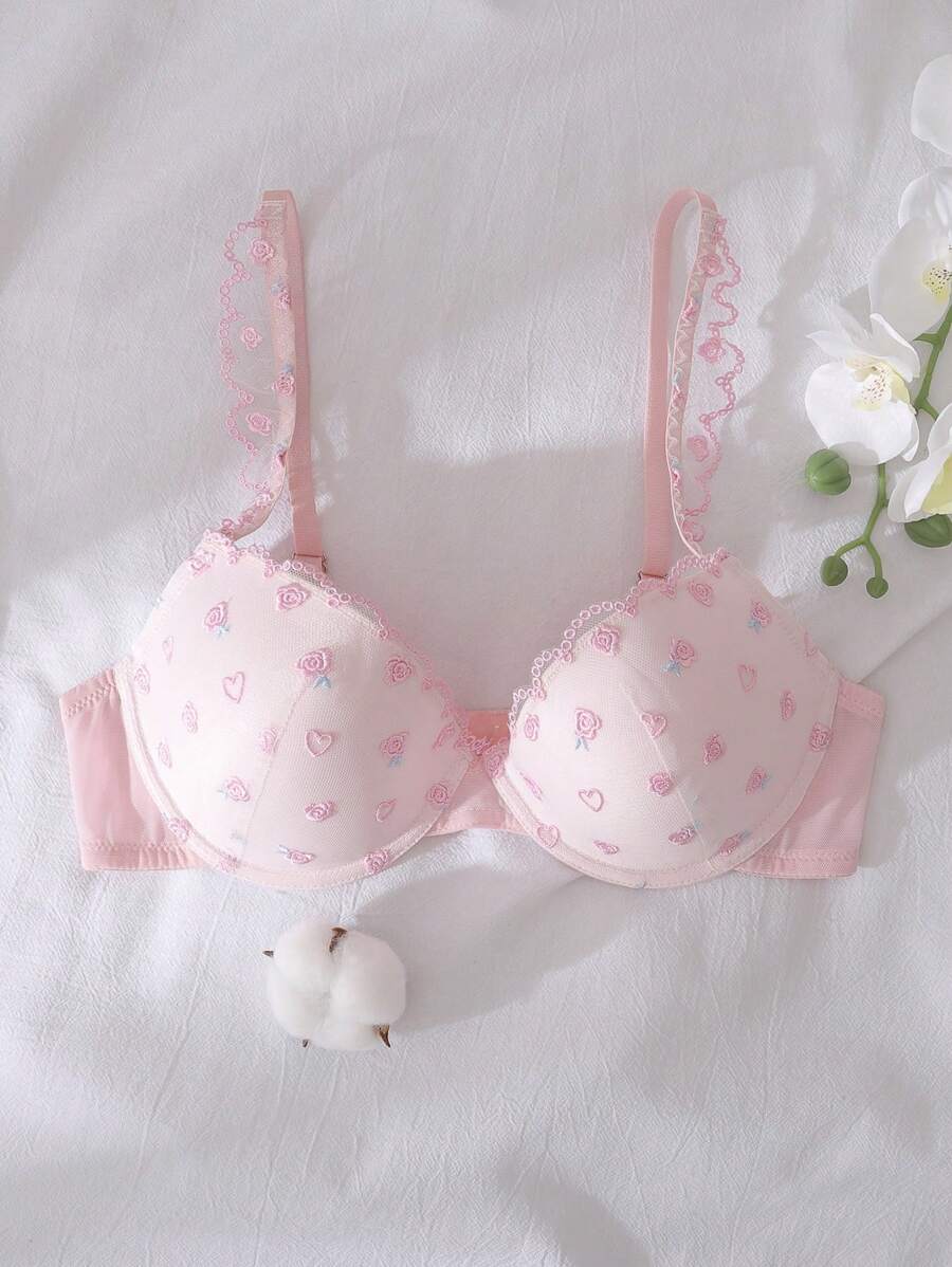 Dream Adore Sujetador con aros y relleno 3/4 de taza color rosa con decoración de bordados, que levanta y recoge, lencería de señora linda y elegante, estilo kawaii