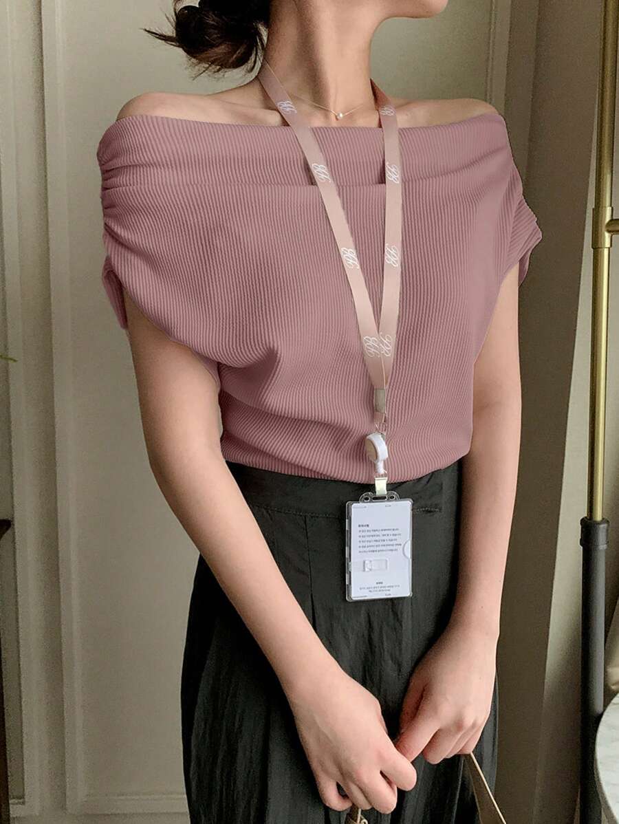 DAZY Women Off Shoulder Ruched Solid Color Casual Short Sleeve T-Shirt