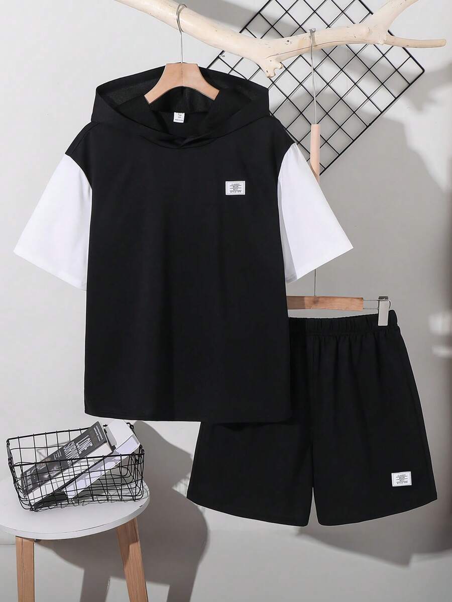SHEIN 2pcs/Set Teen Boys Casual Hooded Grey Short Sleeve T-Shirt & Shorts Set, Street Fashion Punk Rock Preppy Style Suitable For Daily, Parties, Music Festivals, Spring/Summer