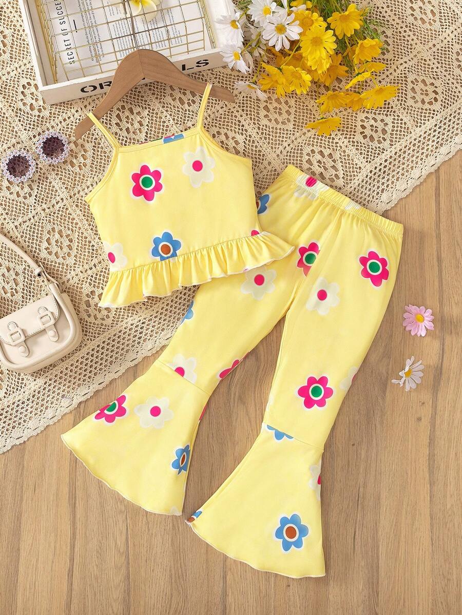 SHEIN Set di 2 pezzi con top a canottiera e pantaloni a zampa di elefante con stampa floreale, outfit casual e carino per ragazza, ideale per la Festa del Bambino e le vacanze estive