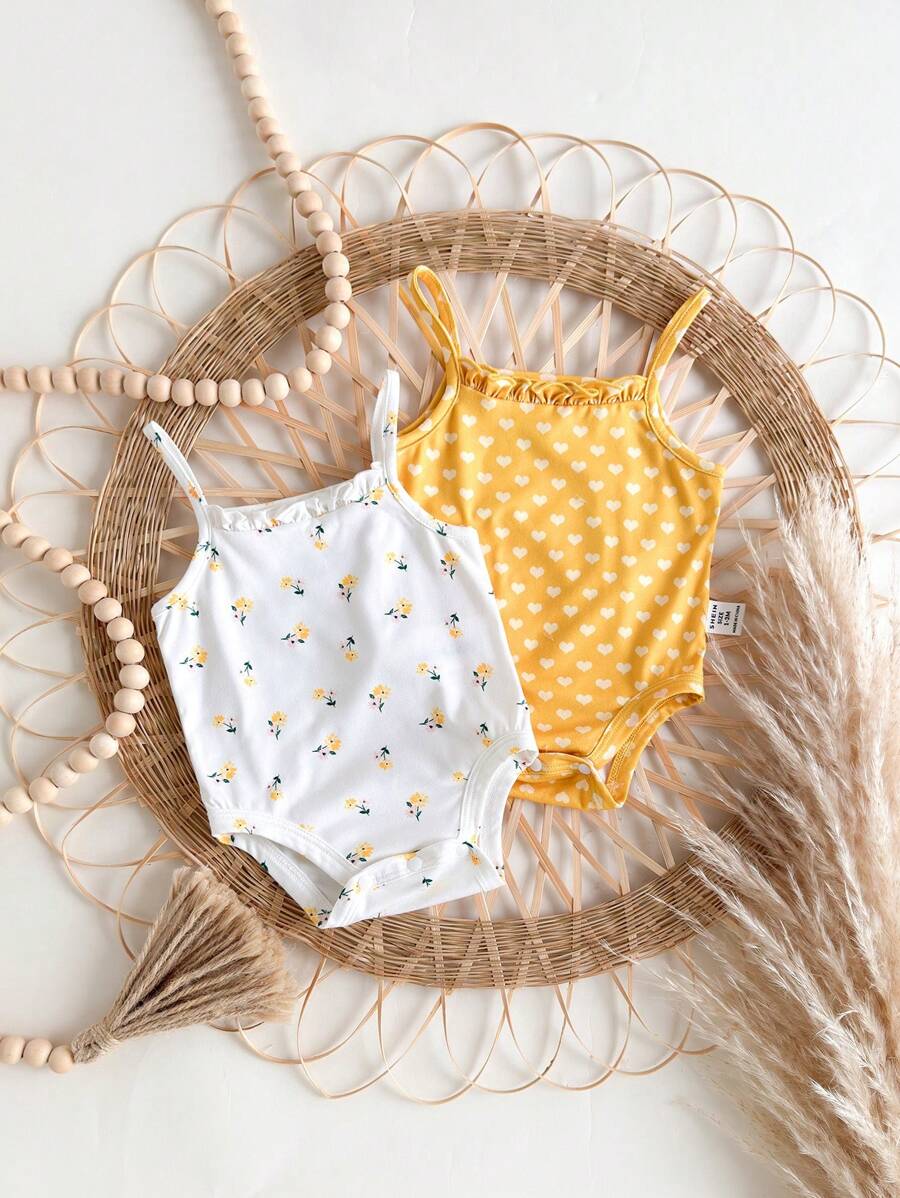 2 Pcs Newborn Baby Girl Adorable Summer Knitted Ditsy Floral & Heart Polka Dot Print Jumpsuit Onsie Set