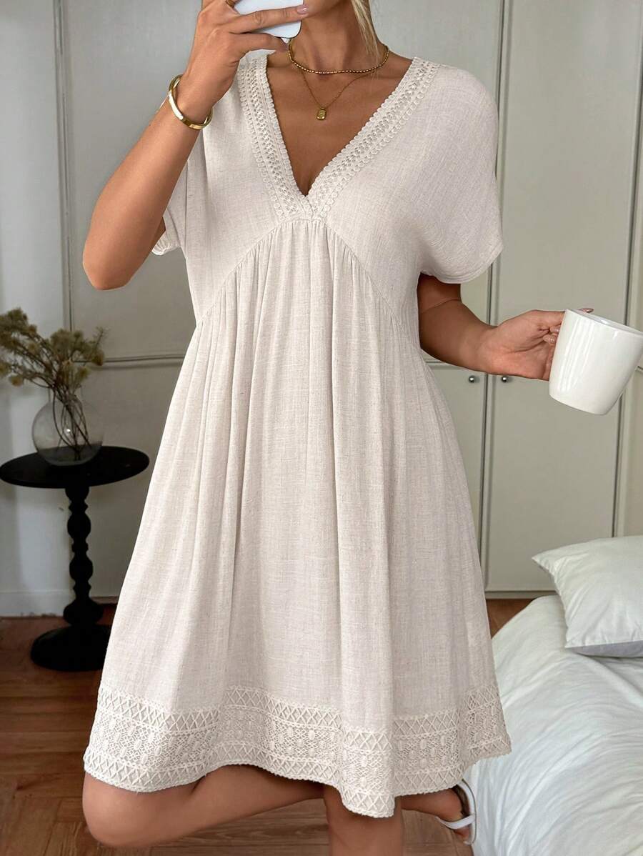 SHEIN LUNE Summer Linen Ladies Loose Casual Dress, Beige Color, Suitable For Music Festivals Summer Dresses For Women Summer Dress Casual Dress Western Dress Boho Dress Modest Dresses For Women,Shirt Dresses For Women
