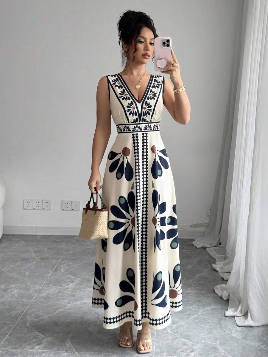 Elenzga Floral Print V-Neck Sleeveless Dress For Women, Vacation