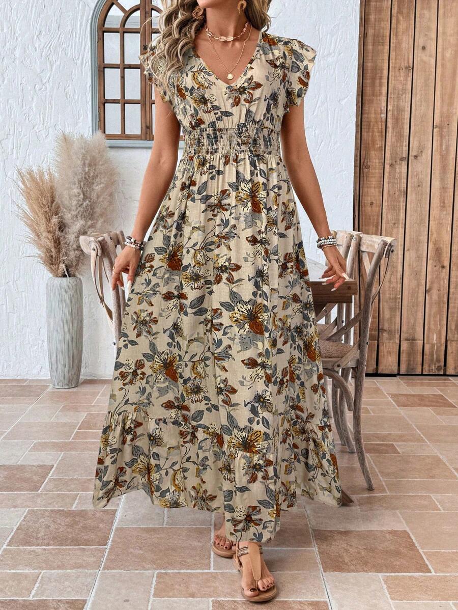 SHEIN LUNE Vestido largo informal de mujer con manga de tapeta, cintura con cordón ajustable, falda con volantes en el bajo y estampado de ubicación, perfecto para vacaciones