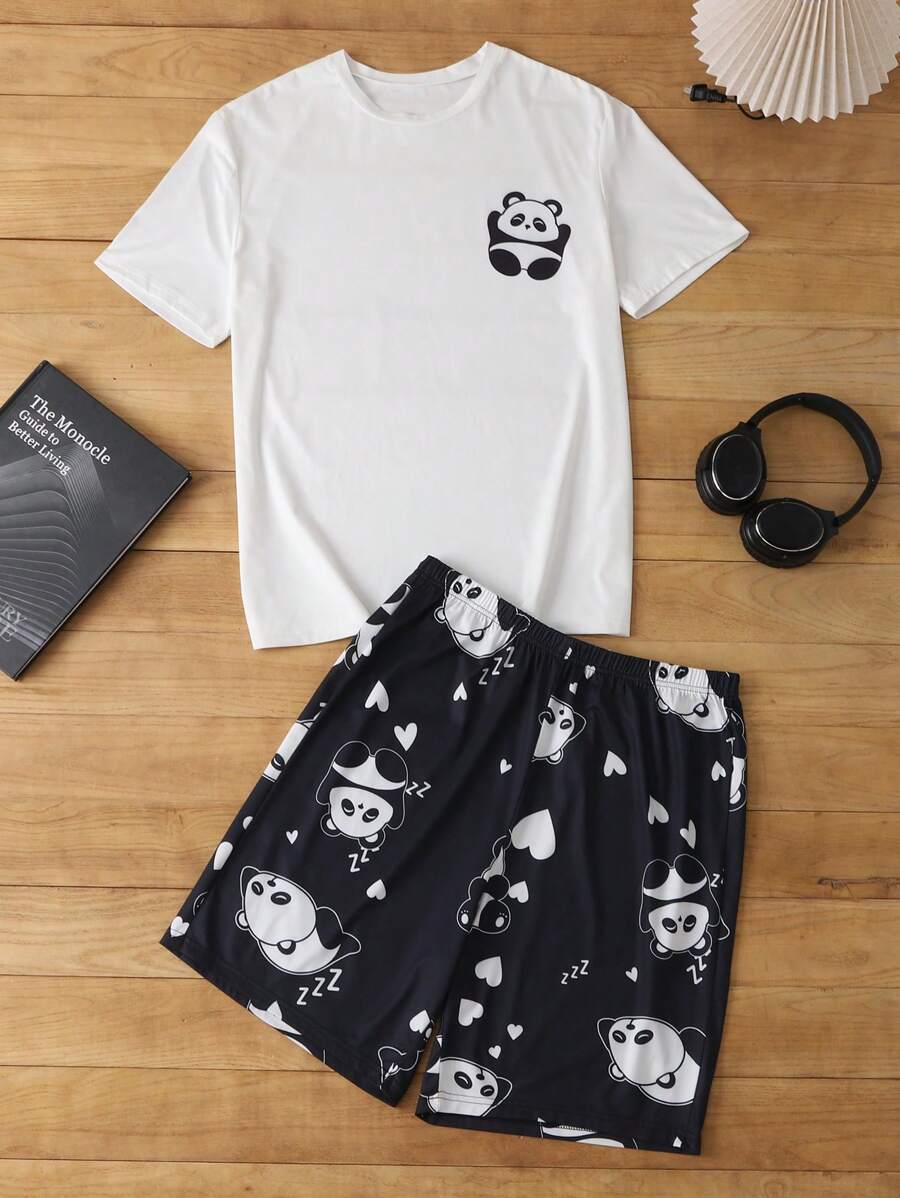 CoupledUp Conjunto de pijama de hombre con estampado lindo de panda, ropa de estar en casa